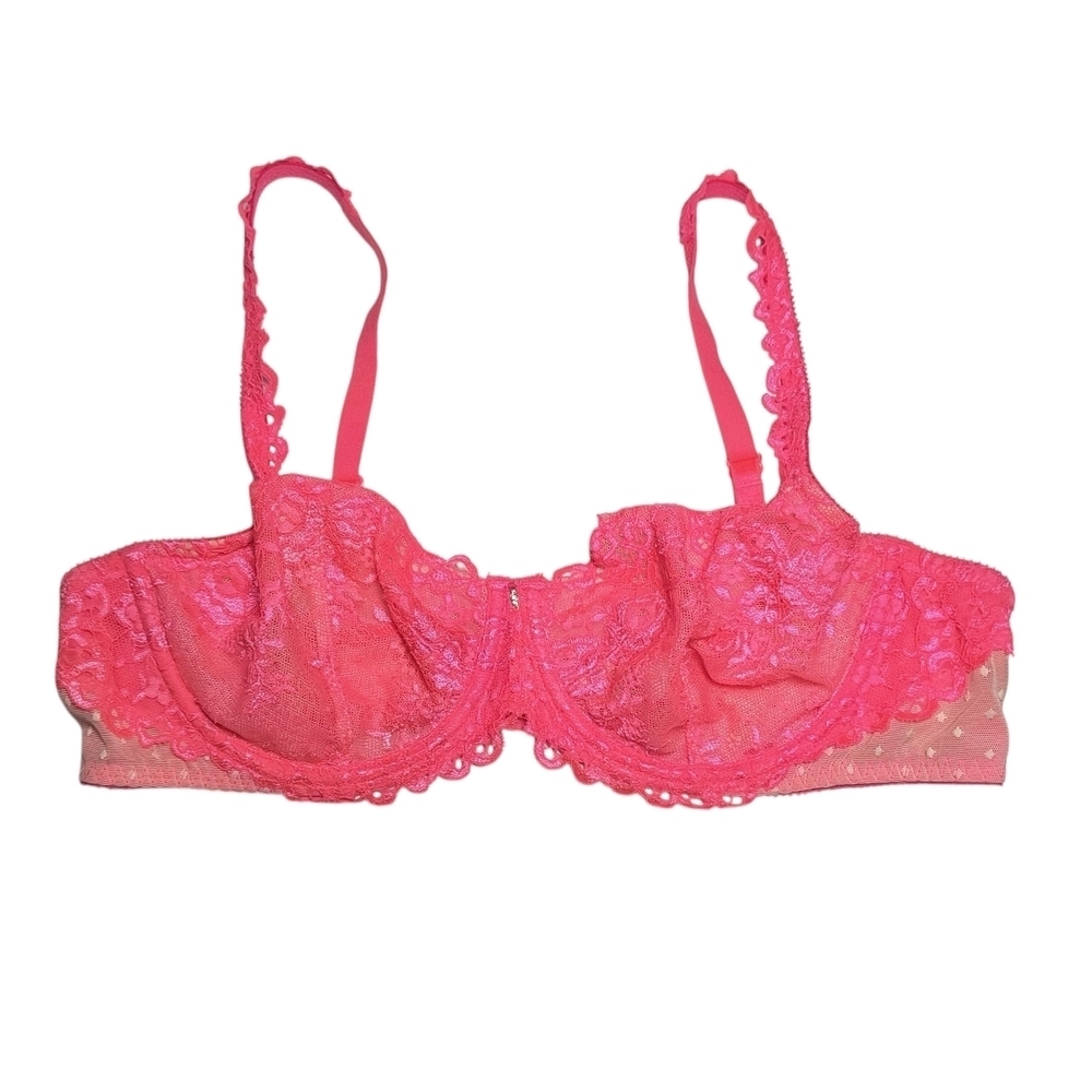 Victoria's Secret Unlined Demi Neon Pink Sheer Lace Polka Dot Underwire Bra 38C